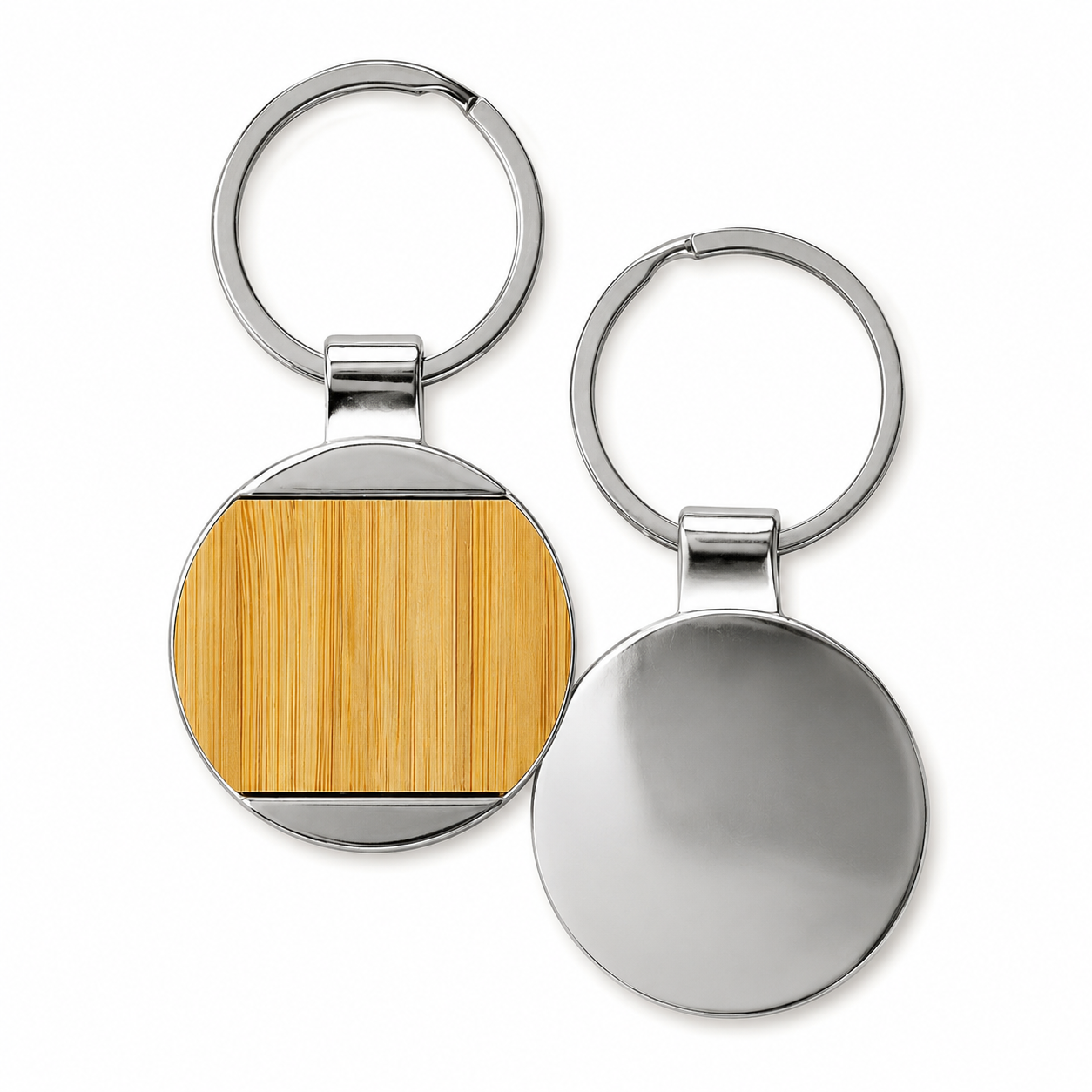 Round bamboo and metal keychains