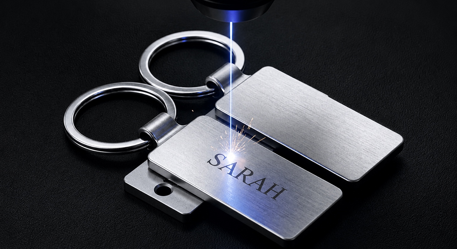 Keychain being laser engraved